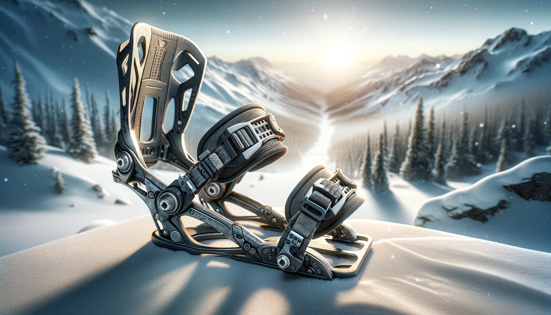 Close-up of a snowboard binding, highlighting its detailed design and sturdy build against a blurred background, emphasizing its quality and functionality.