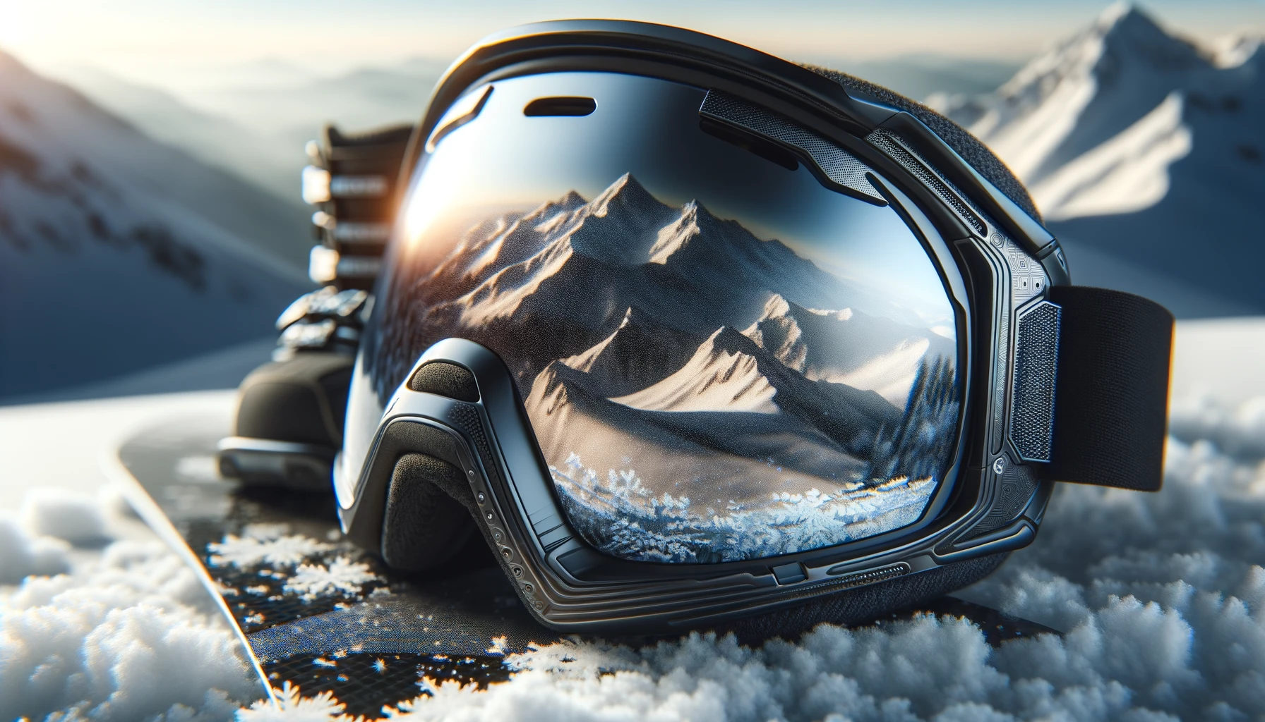 Close-up of snowboard goggles with reflective lenses showcasing a crisp reflection of a snowy mountain landscape, emphasizing the goggles' sleek design and the winter sports ambiance